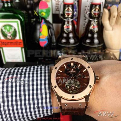 Perfect Replica Hublot Big Bang Rose Gold Case Chocolate Tourbillon Face 43mm Men's Watch